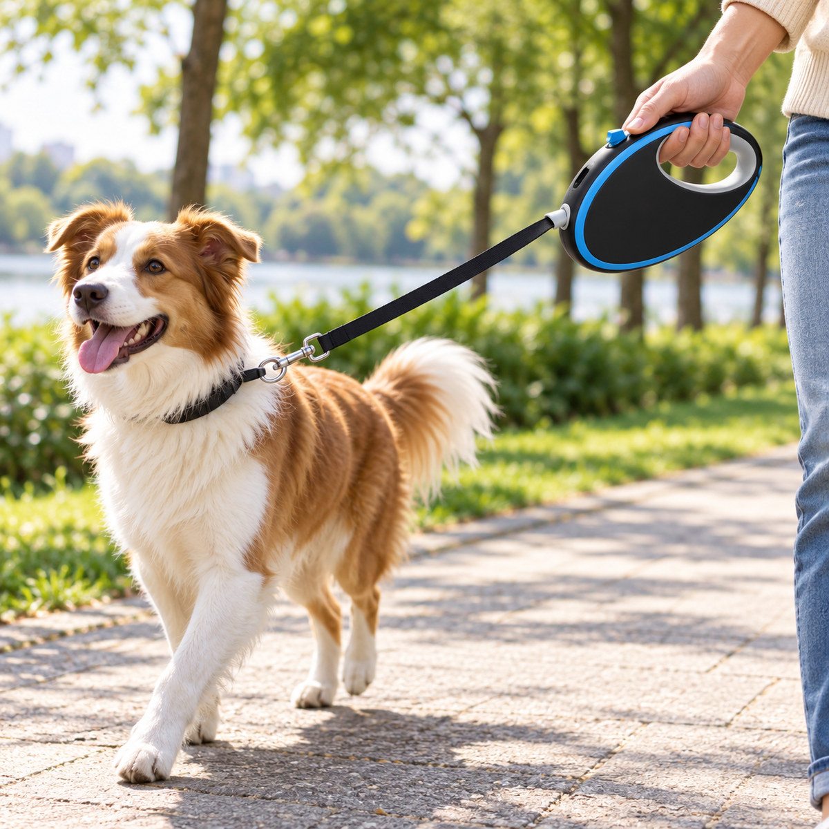 Black 16.4 ft Retractable Dog Leash with Reflective-Edge Tape