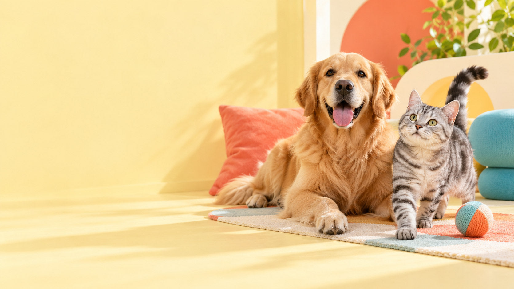 A happy dog and cat relaxing together in a warm, colorful home